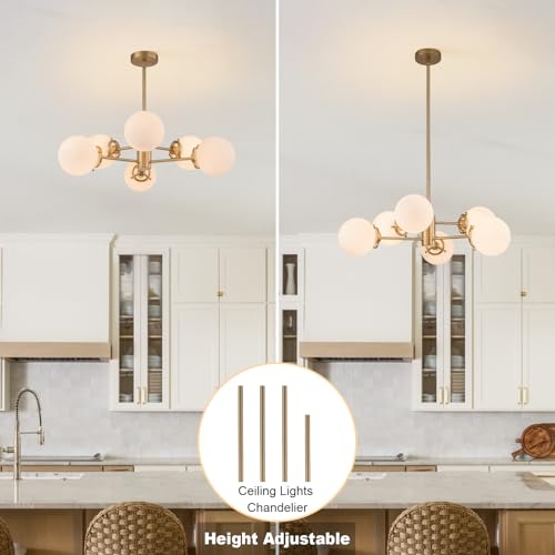 Image of 6-Lights Sputnik Chandeliers Gold Mid Century Modern Chandelier Fixture with Milk White Globe Glass, Dining Light Fixtures Ceiling Hanging for Living Room Bedroom Kitchen Island Foyer