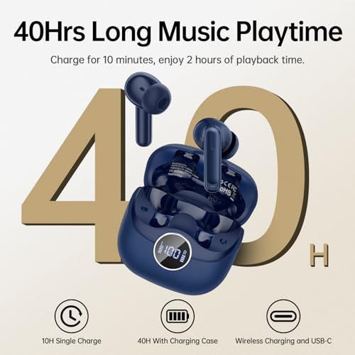 Image of xinwld Adaptive Hybrid Active Noise Canceling 2026 Wireless Earbuds, 6 Mics ENC Clear Call Ear Buds, Hi-Res Audio Deep Bass Bluetooth 5.4 Headphones, 40H Playtime, Wireless Charging, LED, USB-C, Blue