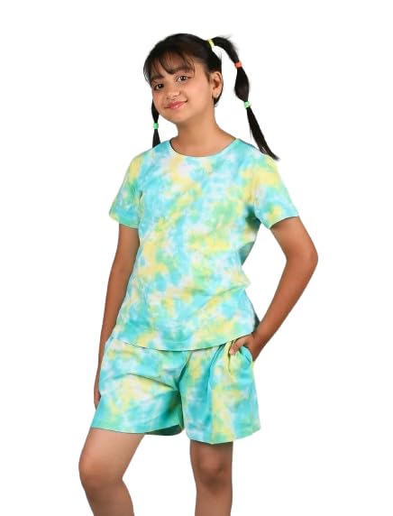 Image of Tweeny Mini Girls Cotton Night Suit | Sleepwear | Nightwear | Tie & Dye Summer Loungewear with Top and Shorts for Kids Girl (Pure Cotton)