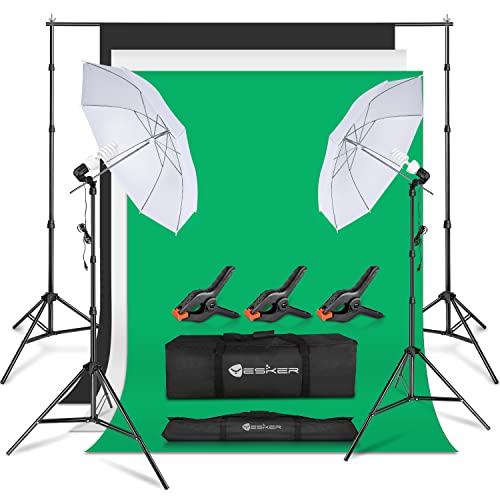 Yesker Photography Lighting Umbrella Kit, 6X9Ft Muslin Backdrop (White/Black/Green Screen Kit), 8.5X10Ft Background Support System Continuous Lights Umbrella Equipment For Portrait Photo Video Studio #TOP16