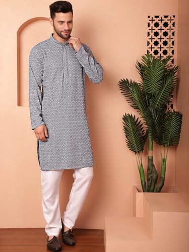 Image of Jompers Men's Grey Embroidered and Sequence Kurta with Pyjama (Grey, S)