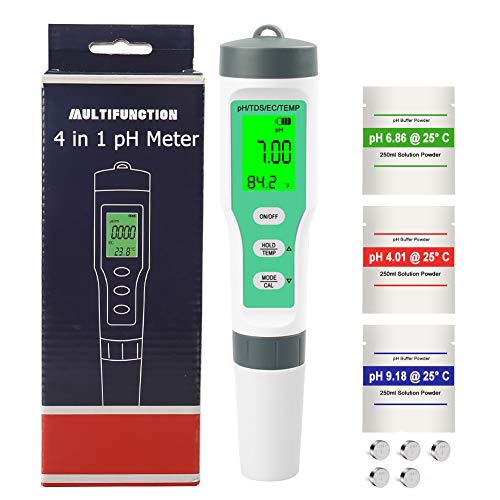 Medidor de pH Digital 4 en 1 PH TDS EC TEMP Tester, Calibración Automática Pantalla LCD Retroiluminada 0.01 Resolución 0-14pH Agua Pluma de Prueba para Piscina Agua Potable Hidroponía Spa Lab