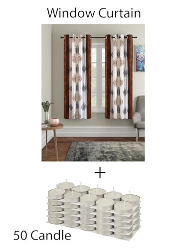 Image of Cortina Floral Light-Filtering Polyester Curtains 5 feet Long Pack of 2 + 50 Candle for Window [ Opacity: 50-60%, Color: Brown White, Printed Curtain -130 GSM ]