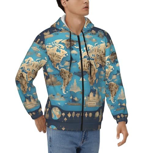 Sweat à capuche avec cordon homme motif carte du monde imprimé graphique et fermeture éclair