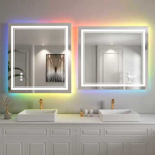 40x38 inch LED Bathroom Mirror with RGB Lights Color Changing Backlit Mirror Shatterproof Dimmable Anti-Fog Lighted Vanity Mirror (RGB Multicolor Backlit + Adjustable Front-Lighted)