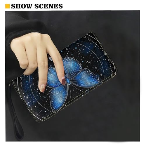 COEQINE Blue Butterfly Butterfly Purses For Women Leather Clutch Slim Wallets for Woman, Thin Ladies Credit Card Holder with Chain, Cute Leather Bifold Clutch Handbag for Travel4