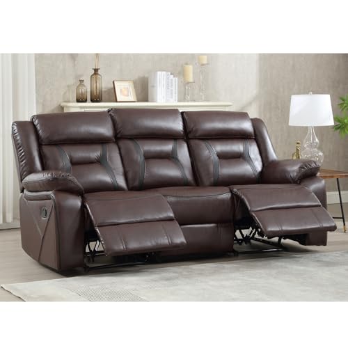 Image of EBELLO Faux Leather Manual Reclining Sofa, 3 Seat Recliner Sofa Chair, Couch Furniture for Living Room, Furniture, Meeting Room, Dark Brown (3 Seat Sofa)