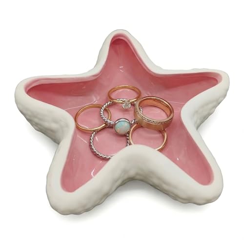 Starfish Jewelry Dish Ceramic Trinket Tray - Ocean Themed Ring Holder for Earrings, Necklaces, Beach & Bathroom Organizer with Glossy Glaze, Coastal Room Decor Gift for Women，Pink