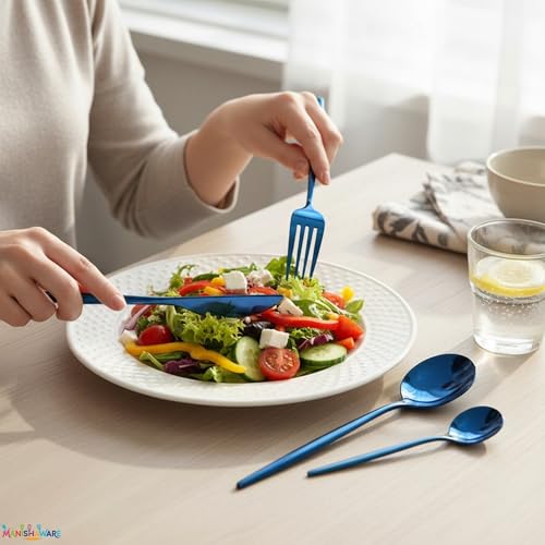 Image of Slim Handle Blue 24 Pcs Stainless Steel Cutlery Set for Dining Table, Dishwasher Safe Glossy Flatware (6 Spoon Set+6 Forks Set+6 Butter Knife+6 Dessert Spoon)