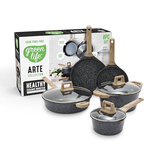 GreenLife 8 Piece Ceramic Nonstick Cookware Set, Induction Suitable Non Toxic PFAS-Free Pots & Pans, Dishwasher Safe, Cooking Set, Stock Pot, Saucepans & Frying Pans, Kitchen Cooking, Granite Black