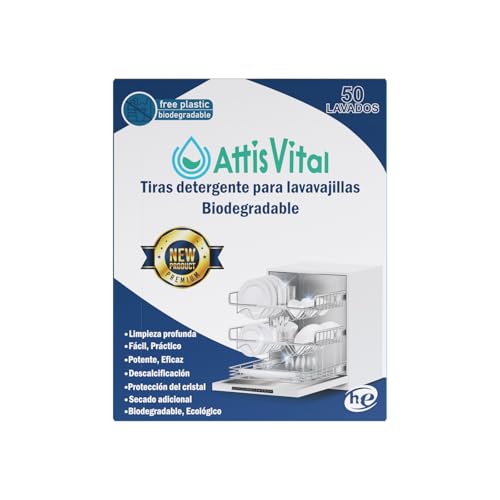 Detergente Lavavajillas Ecológico en Tiras AttisVital – 50 Lavados –Vegano, Biodegradable – Sin Plástico, Fosfatos ni Cloro – Limpieza, Abrillantado y Antical