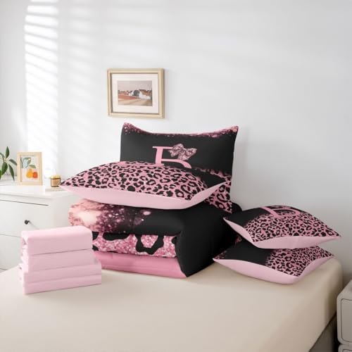 Image of Feelyou Pink Leopard Bow Comforter Set with Sheets 7 Piece King Size Initial Letter B Bed in a Bag Kids Boys Girls Girly Bowknot Bedding Set Bedroom Decor Breathable Soft Lightweight Microfiber