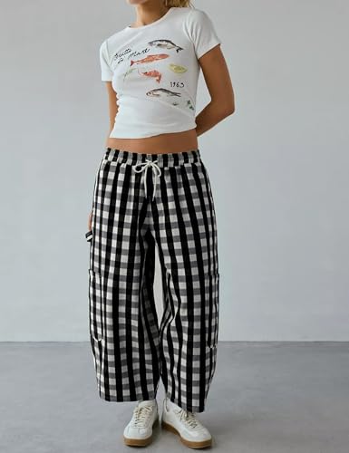 Omoone Wide Leg Barrel Sweatpants Women Gingham Print Crop Baggy Pants High Waisted Cotton Trousers with Pockets2