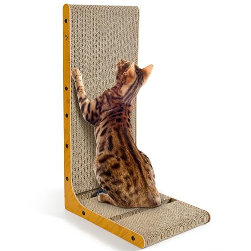 Tiragraffi per Gatti Adulti - 70 cm L Tiragraffi Cartone Forma L con Giocattolo - Cartone Ondulato ad Alta Densità - Per Pareti e Divano