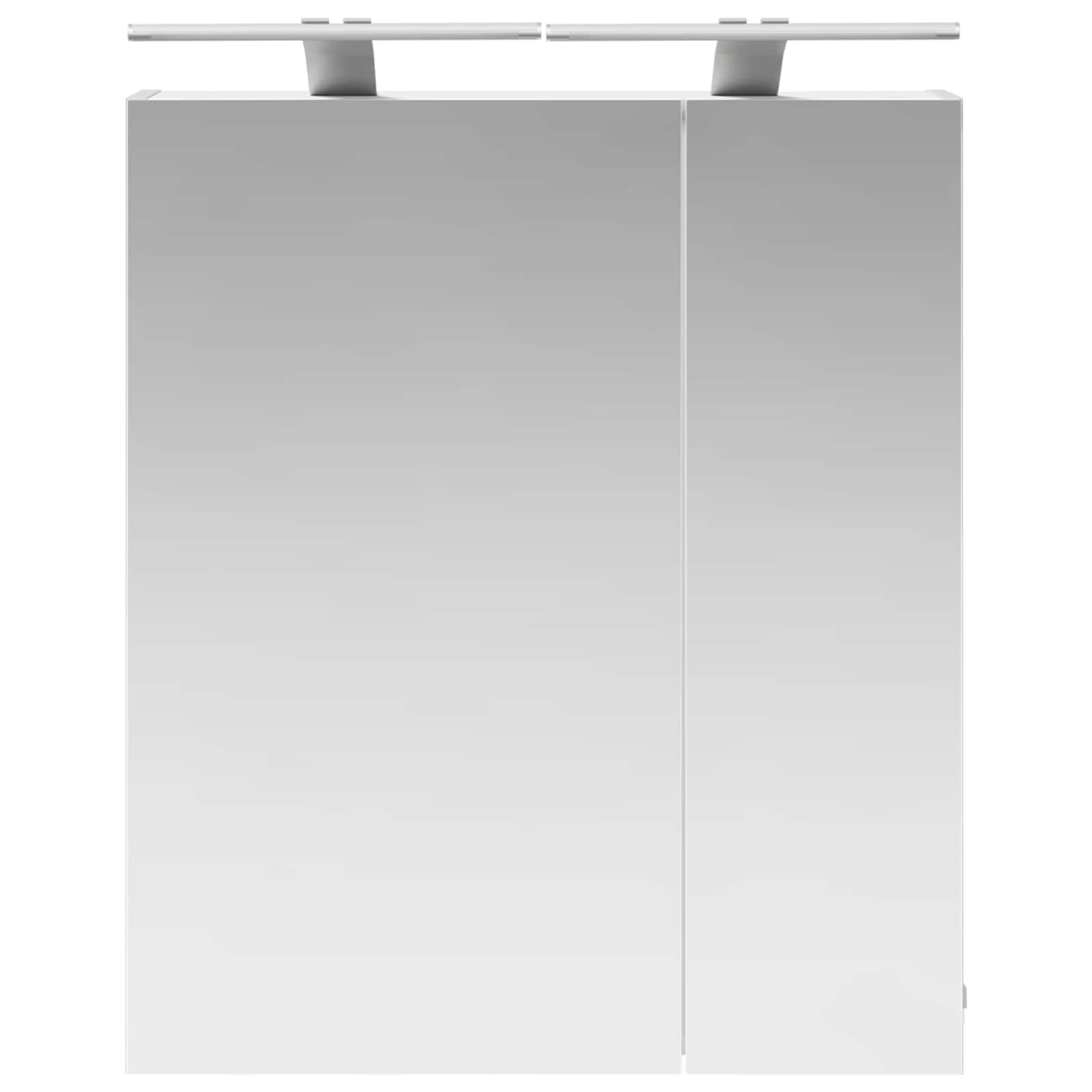 Szafka łazienkowa z lustrem biała, 60 x 14,5 x 70 cm, materiał drewnopochodny z dwoma półkami, oświetlenie LED, złącze USB, montowana na ścianie, do łazienki, toalety dla gości, miejsce do