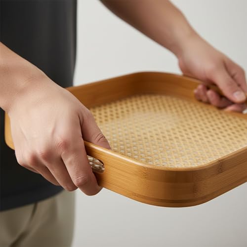 Image of Curated Cart Bamboo Serving Tray with Cut-Out Handles - Rattan Cane Woven Base - Eco-Friendly Rustic Tray for Coffee Table, Breakfast, Kitchen, Bathroom Decor - Lightweight, Durable - 33x22.5cm
