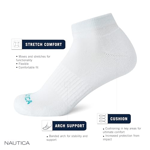 Image of Nautica Womens Quarter Socks Moisture Wicking Cushioned Socks, 12 Pack | Stretch Performance Dri-Motion Fabric, Cushioned with Arch Support, Breathable Mesh Panels, Quarter Cut, Shoe Size 4-10