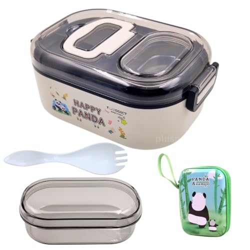 Image of PLUSPOINT Panda Stainless Steel Cute Cartoon Lunch Box for Kids Microwave Safe Insulated Tiffin Box Tableware Set Portable Containers Tiffin Box for School Boys, Girls (Panda) 700 ML