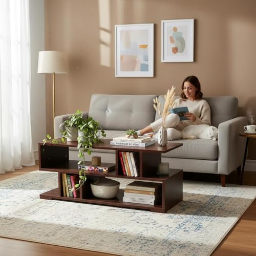 Image of RIZIK STORE Engineered Wood Coffee Table in Walnut Finish | Modern Living Room Center Table Suede Texture | Sofa & Tea Table | DIY Installation | Warranty Protected (Wallnut Brown) (90x40x38.8cm)