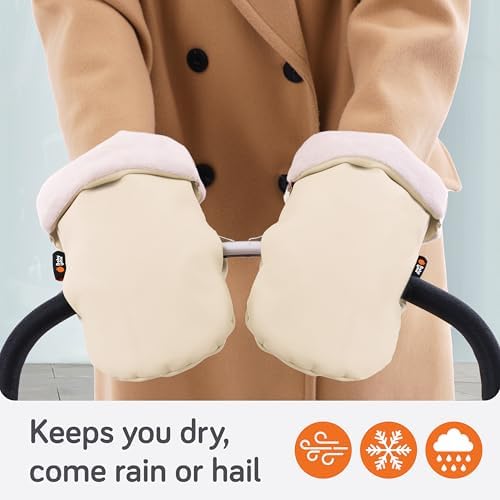 Baby Uma Stroller Gloves Hand Muff - Supersoft Fleece-Lined Faux-Leather Stroller Mittens, Water-Resistant & Universal with Side Zippers (Beige) - 4
