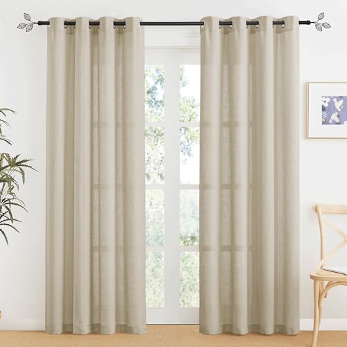 RYB HOME Beige Sheer Curtains - Linen Textured Farmhouse Style Privacy Light Filtering Window Curtain 2 Panels Set for Bedroom Living Room Office, 52 x 95 inches Long