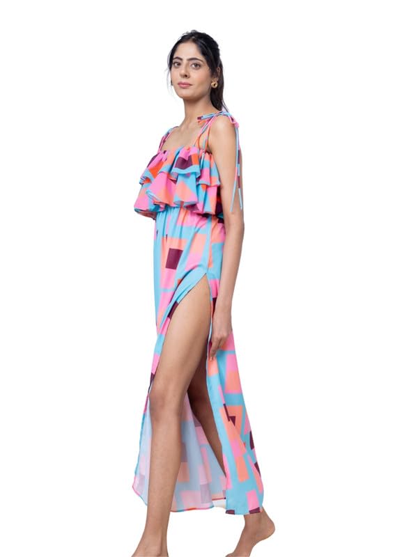 EROTISSCH Women Poly Crepe Colour Blocked Printed Beachwear Dress (Blue_M) 2