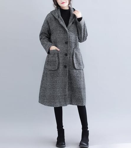 chouyatou Women's Retro Houndstooth Plaid Single Breasted Long Wool Coat with Hood3
