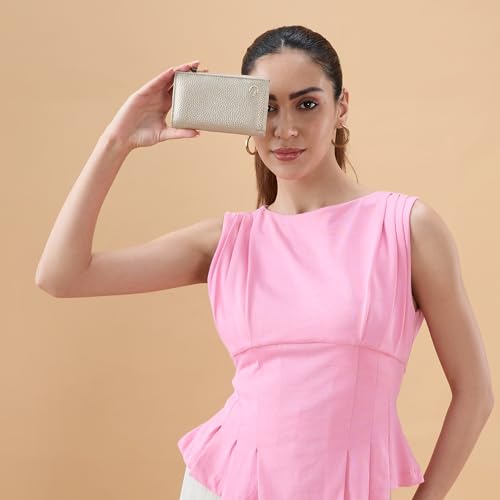 Image of Caprese Monique Small Textured Bifold Wallet for Women | Compact Handheld Purse with 6 Card Holder Slots | Slim Designer Wallet with Secure Snap Button & Zippered Coin Pocket (Gold)