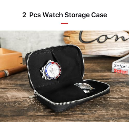 Image of CONTACT'S FAMILY Watch Box Travel Watch Storage Case Genuine Leather for 2 Watches Travel Watch Case Zipper Watch Pouch Vintage Watch Storage Box Watch Case Box For Men (Black)
