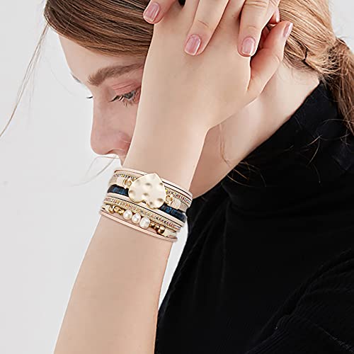 Wovanoo Leather Wrap Bracelet Set 3Pack Multilayer Cuff Bracelet Magnetic Clasp Bracelet Crystal Pearl Bracelet For Women Girls Pearl Love #TOP1