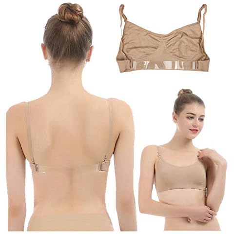 iMucci Professional Beige Clear Back Bra NO Sponge - Seamless Backless Freebra with Adjustable Clear Straps for Ballet Dance Party, NO Sponge Bra for adult Cup A B, M for adult cup A B Cover