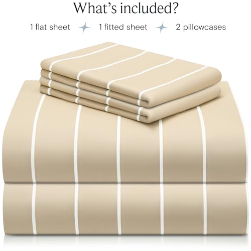 Image of LuxClub 4 PC King Size Sheet Set, Breathable Luxury Bed Sheets, Deep Pockets 18 inch Wrinkle Free Cooling Machine Washable Hotel Bedding (Striped Cream)