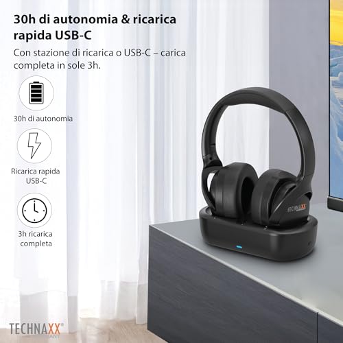 Technaxx Cuffie TV wireless con base di ricarica – Cuffie Bluetooth 5.4 Over-Ear con microfono, 30h autonomia, USB-C, ingresso ottico e AUX – Ideali per TV, anziani e musica - TX-350 - Immagine 2