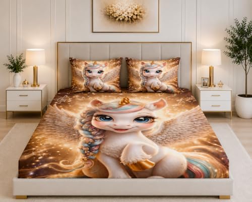 Image of 7D Digital Printed King Size Bedsheet | 240TC Premium Cotton Feel Microfiber with 2 Pillow Covers | Soft Breathable & Wrinkle Free Bedding Set | (Unicorn, King Size-90x100 Inch)