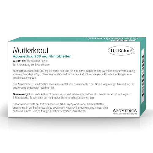 Dr. Böhm Mutterkraut 200 mg: Migräne-Kopfschmerz effektiv vorbeugen, pflanzliche Prophylaxe bei migräneartigen Kopfschmerzen - hochdosierte Mutterkraut-Tabletten - vegan, 60 Filmtabletten