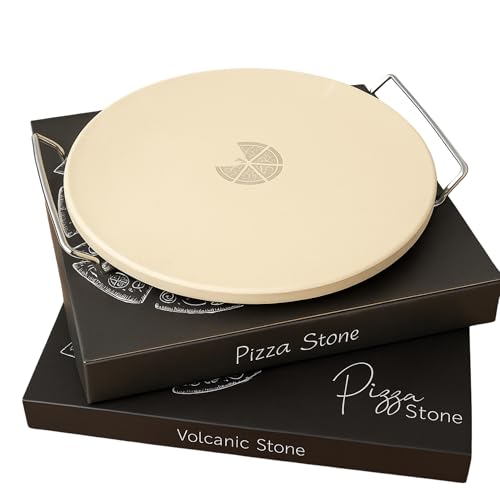 Pizzastein 30 cm rund mit Griffen – für Ofen & Grill – Pizza wie aus dem Steinofen – inkl. Edelstahl-Griffe & Geschenkverpackung, Backstein für knusprige Pizza