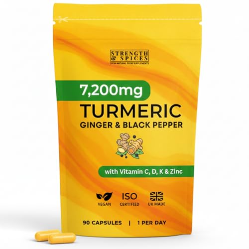 Turmeric Curcumin Capsules 7,200mg, 95% Curcuminoids, with Ginger, Black Pepper & Vitamins C, D3, K2, Zinc – 1‑a‑Day Vegan Supplement – 3 Month Supply – UK Made ISO Certified