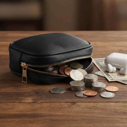 Image of Multipurepose Small Leatherette Coin Pouch Combo for Men & Women - Premium Zip Closure Mini Wallet for Coins, Keys & Earphones (Pack of 2) (Black /White-Rib)