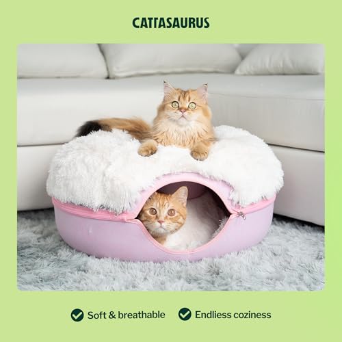 Image of CATTASAURUS Peekaboo Cat Cave for Multiple & Large Cats Up to 30-45 Lbs, Fluffy Cat Beds for Indoor Cats, Scratch Detachable & Washable Tunnel Bed, Comfy Donut Cave (Pink, Large (Calming))
