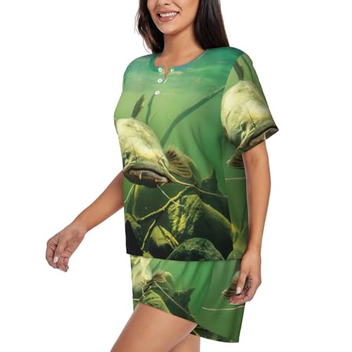 Ensemble de pyjama 2 pièces pour femme imprimé poisson-chat col rond