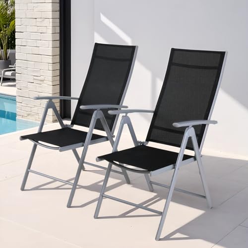 Clevich Gartenstuhl Hochlehner 2er Set, Aluminium Balkonstuhl Klappbar, 7-Fach verstellbare Rückenlehne, Campingstuhl Bis 120kg Belastbarkeit, Atmungsaktiv & Wetterfest, Silber Grau
