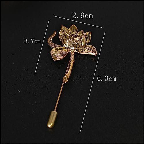 Image of Ancient Lotus Brooch Pin for Men Women Personalized Vintage Gold Silver Carved Pool Pond Flower Elegant Traditional Suit Clothes Dress Decoration Jewelry Gifts