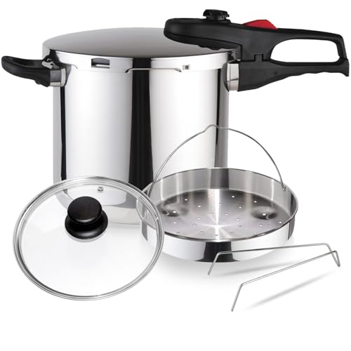 Magefesa Practika Plus - Pack Exclusivo Olla Express Rápida 7.5L + Cestillo + Tapa de Cristal, Acero Inoxidable 18/10, Sensor de Presión, Inducción