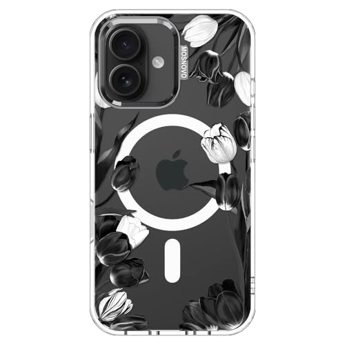MOSNOVO Case for iPhone 16, [Compatible with Magsafe] [Buffertech 6.6ft Military-Grade Drop Protection] [Anti Peel Off Tech] Clear Phone Case Design - Black White Tulips