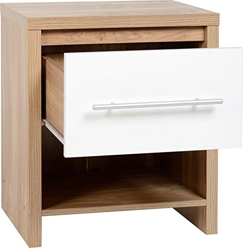 Seville 1 Drawer Bedside Cabinet in Light Oak Veneer/White High Gloss