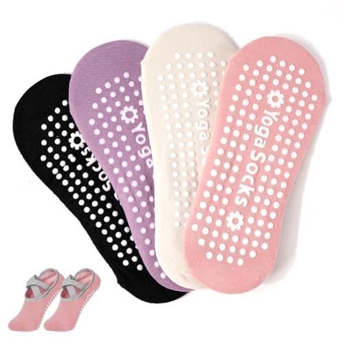 4 Paires Chaussettes Yoga Antidérapantes Femme Chaussette Pilates en Coton Taille 36-39 avec Poignées pour Femmes, pour Danse, Ballet, Fitness Spor