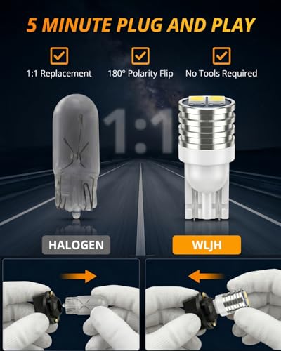 Image of WLJH T10 Led Interior Lights Car Gauge Dashboard Dash Light Instrument Cluster Panel w5w 2825 194 Led Bulb Twist Socket Pc195 Pc194 Pc168 Super Bright 12V (White,Pack Of 6) | 3030 SMD, 200lm, PC194 PC168 PC195, Dimmable, Plug and Play, Dome Map, License Plate, Gauge Instrument Light, 6-Pack