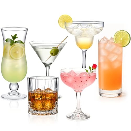 LemonRoad Mixed Drinkware Set of 6 Cocktail Glasses Set Mixed Drink Cocktail Martini Whiskey Highball Margarita Hurricane Coupe Glasses Gift for Entertaining and Home Bar Party Accessories