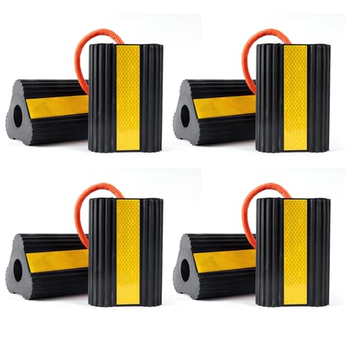Image of Wheel Chocks for RV Trailer 4 Pair /8 Pack with Rope & Reflective Strips Rubber Wheel Chocks Heavy Duty Tire Stopper for Camper, Truck, Car, Travel Trailer