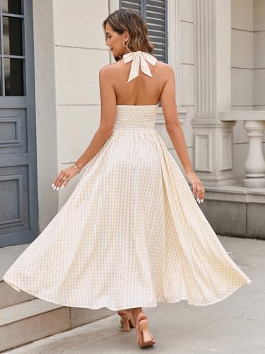 Parthea Women's Summer Midi Dress Smocked Gingham Halter V Neck Sundress Elegant Flowy A Line Beach Long Dresses2